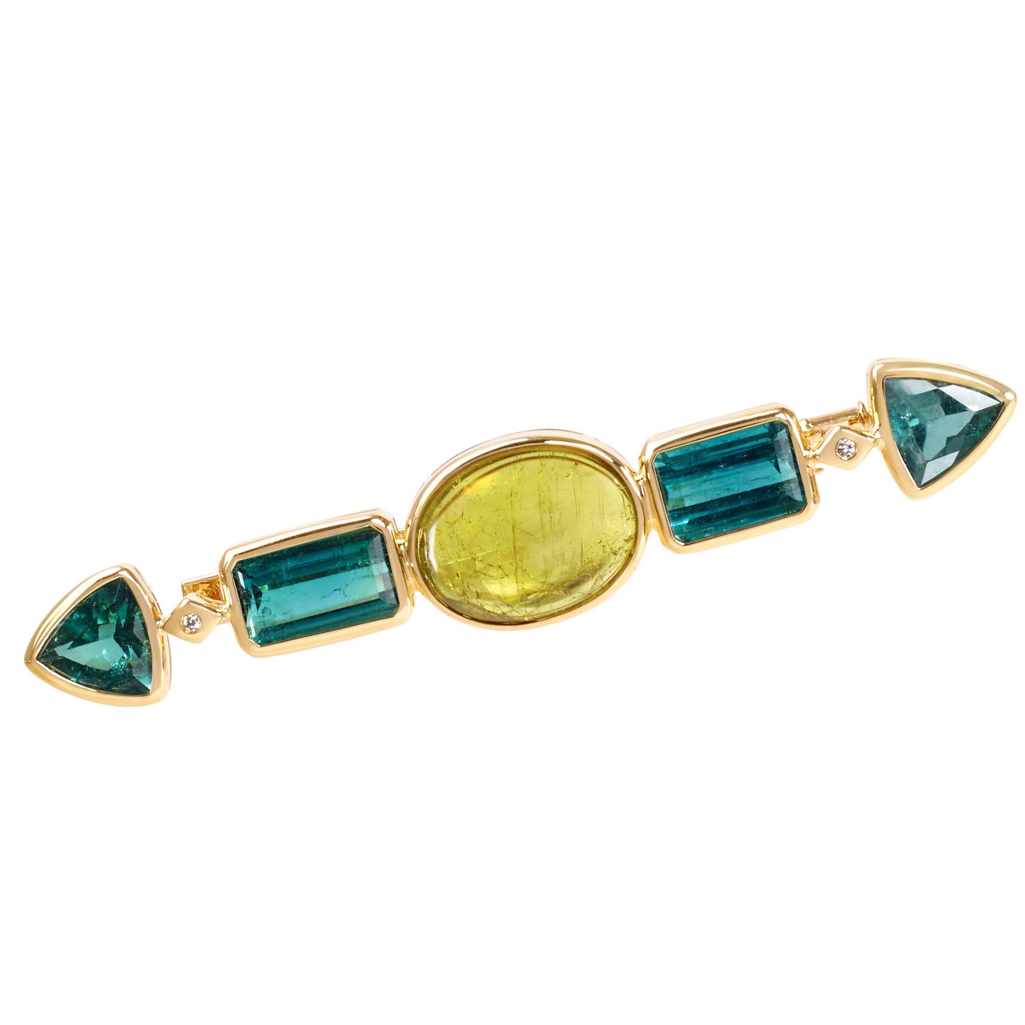 Chrome Green and Yellow Tourmaline Javelin Brooch For Sale