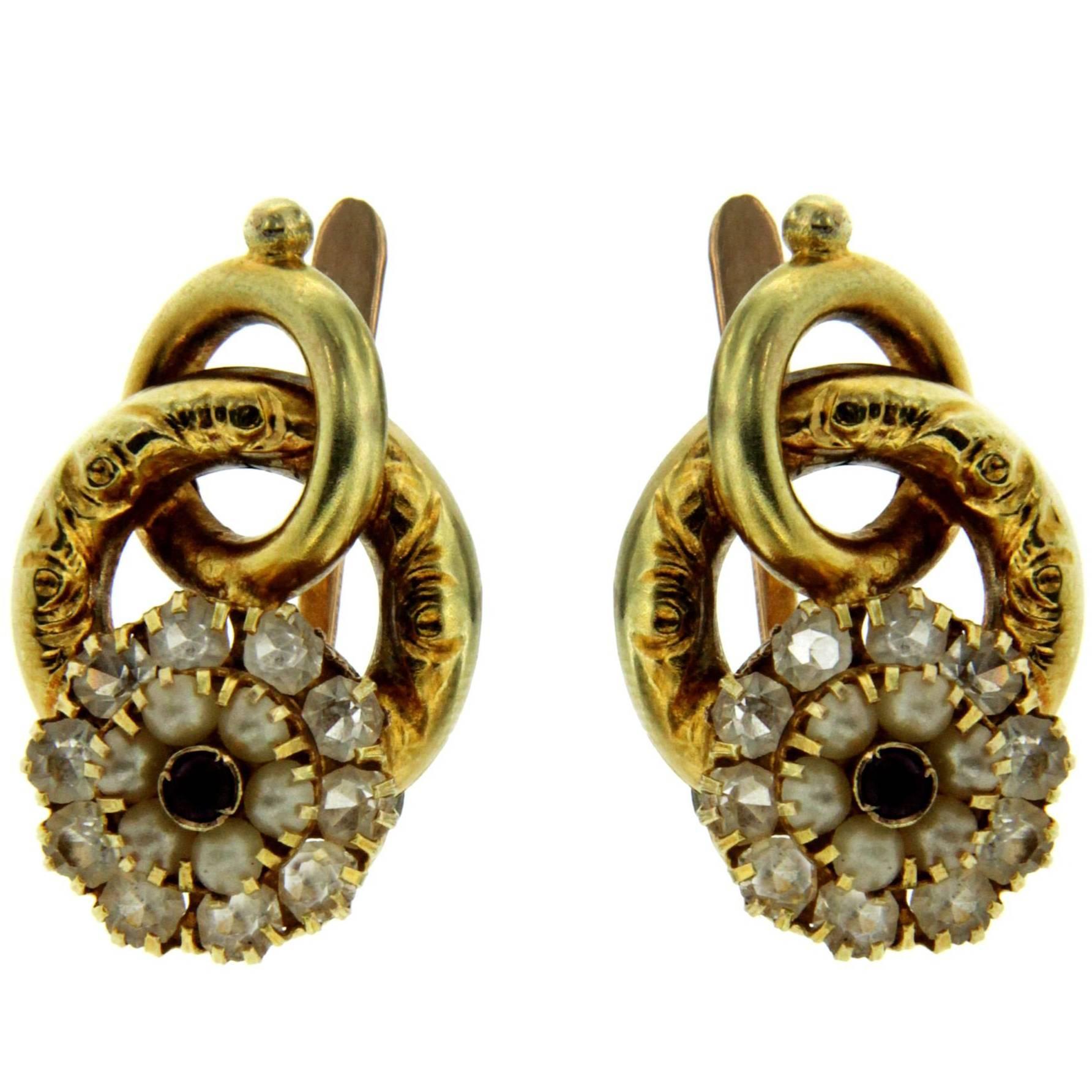 1800 Bourbon Diamond Pearl Amethyst Gold Drop Earrings