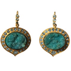 Lauren Harper Chrysocolla Druzy, Aquamarine, Gold Drop Earrings