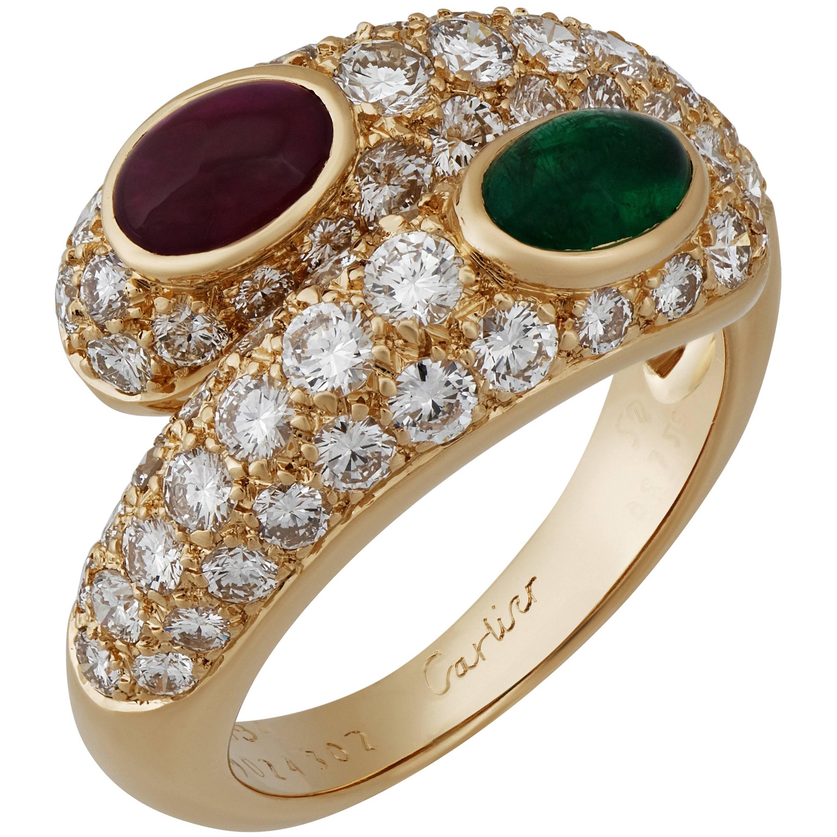 Cartier 18K Yellow Gold Emerald, Ruby and Diamond Bypass Ring Size: 6