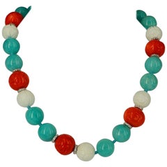 Decadent Jewels Amazonite Shell Carved Coral Silver Necklace 12