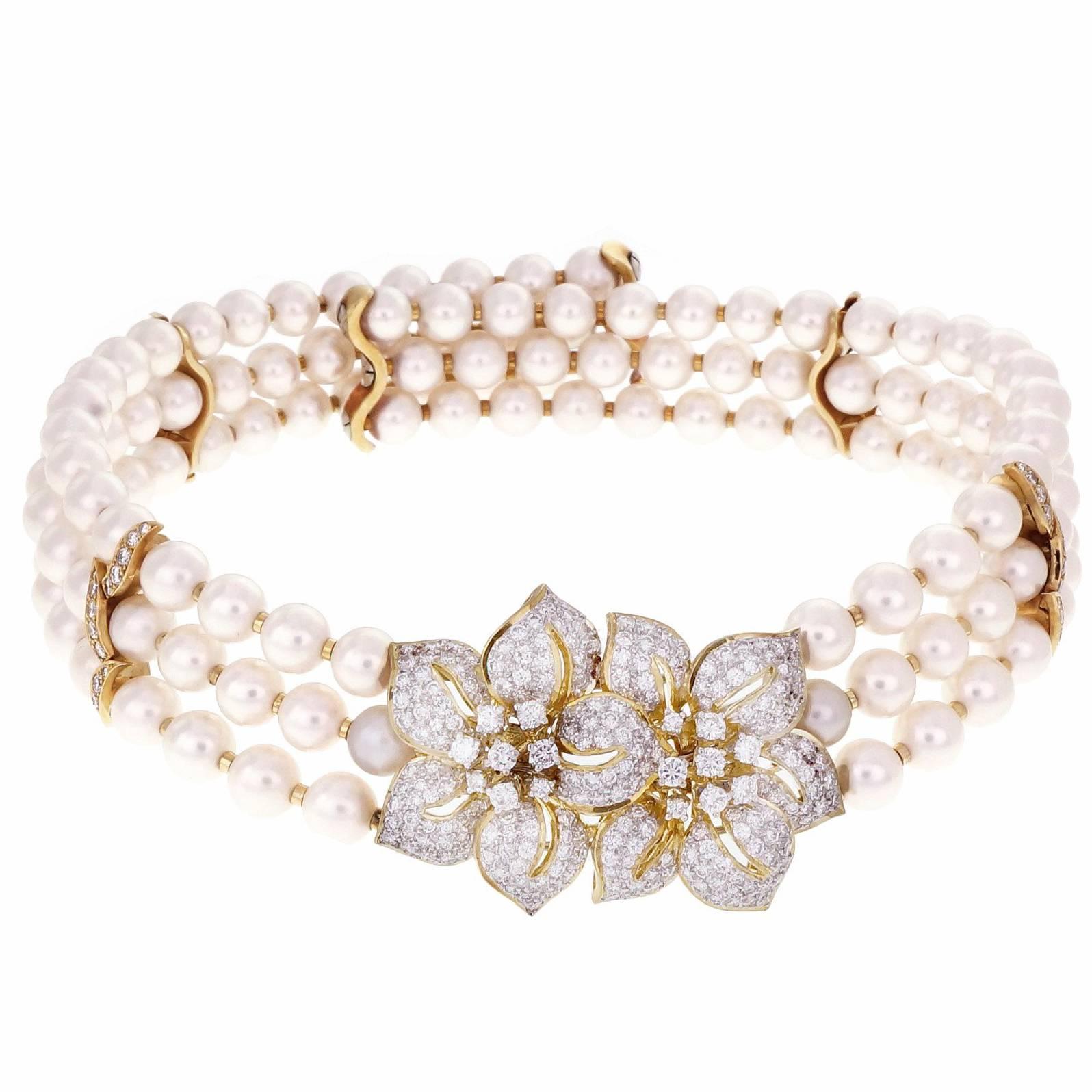 Three-Row Cultured Pearl Diamond Gold Collar Choker Necklace