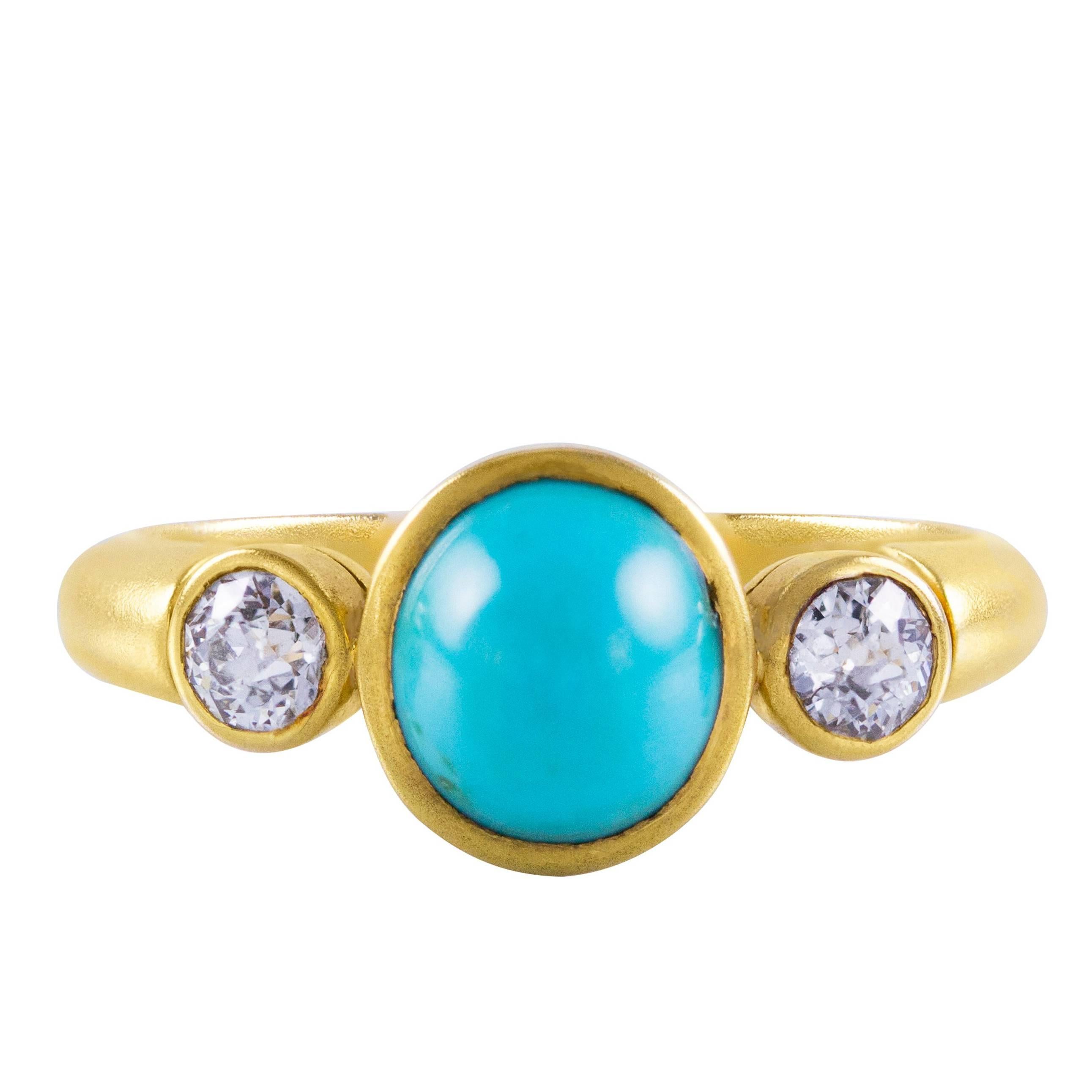 Natural Cabochon Turquoise Diamond Three-Stone Ring