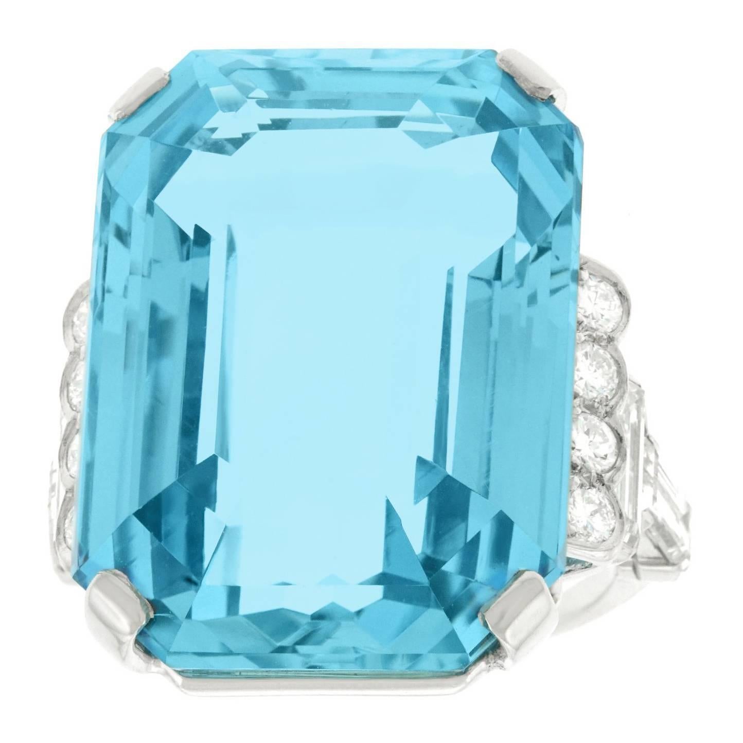 Incredible 40 Carat Aquamarine and Diamond-Set Platinum Ring