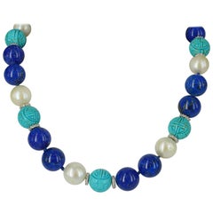 Decadent Jewels Lapis Lazuli Pearl and Carved Turquoise Silver Necklace