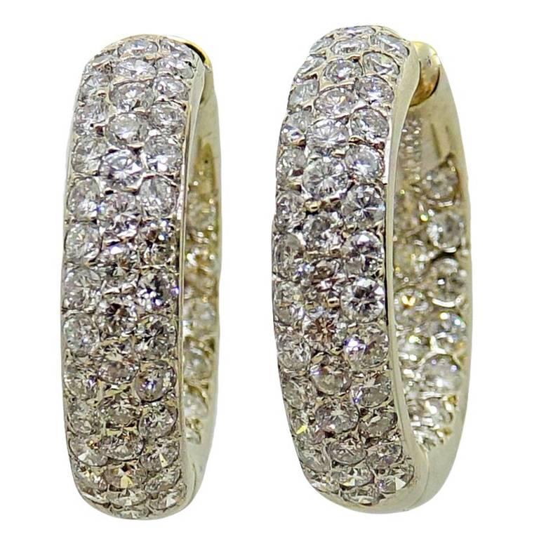 5.00 Carat Pave Diamond Hoop Yellow Gold Earrings For Sale