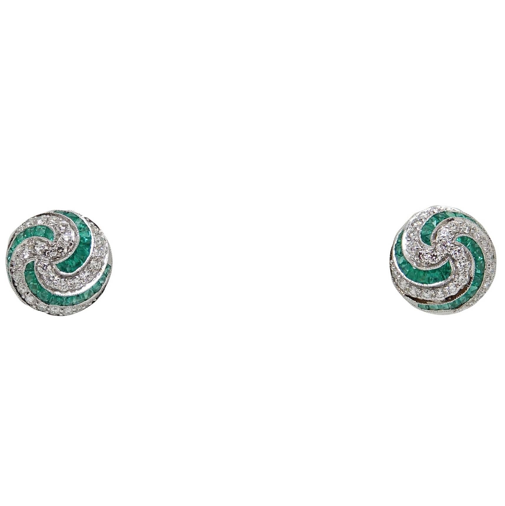 Round Brilliant Diamonds and Calibre Cut Emerald White Gold Earrings For Sale