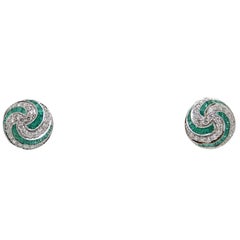 Round Brilliant Diamonds and Calibre Cut Emerald White Gold Earrings 10