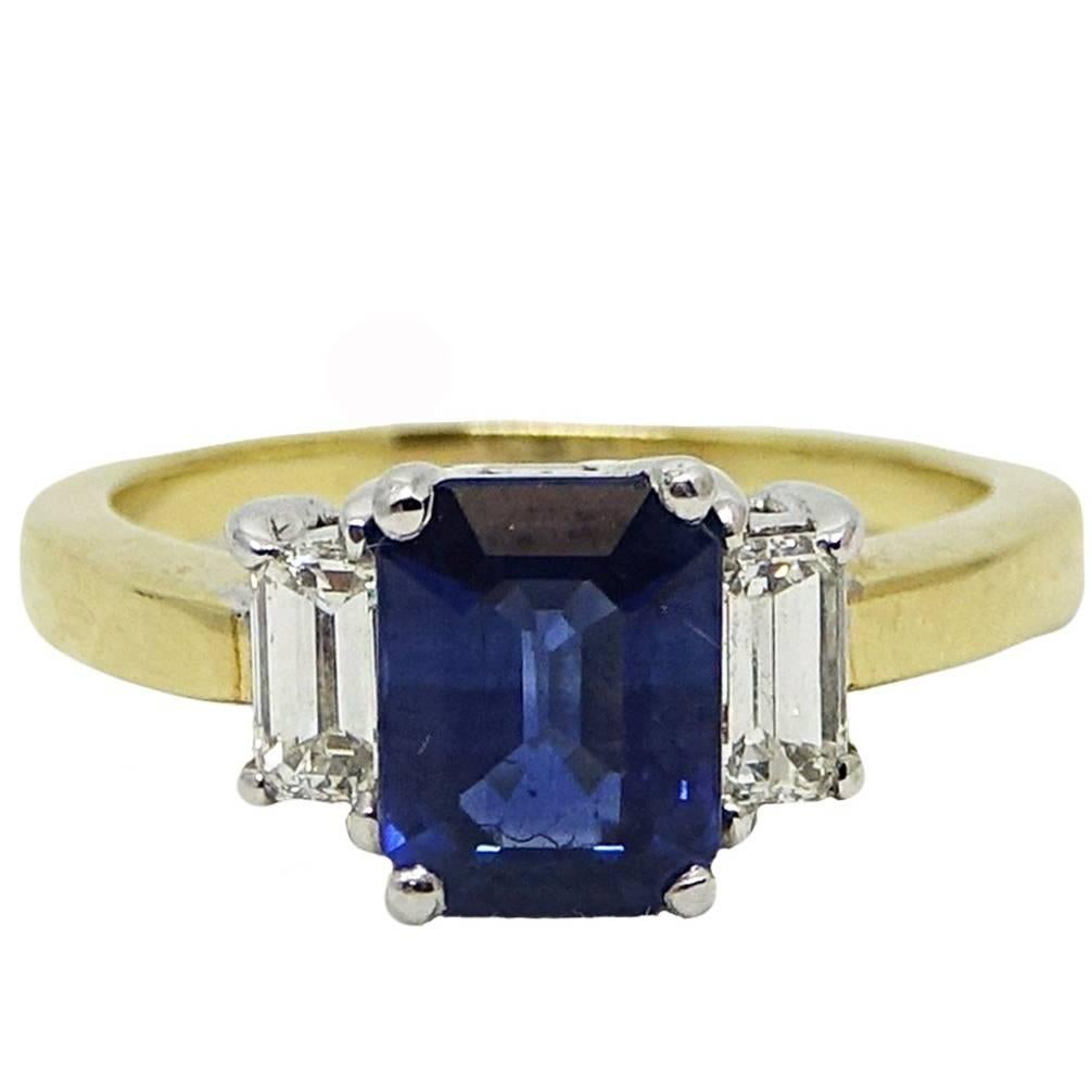 2.15 Carat Emerald Cut Sapphire Engagement Ring For Sale