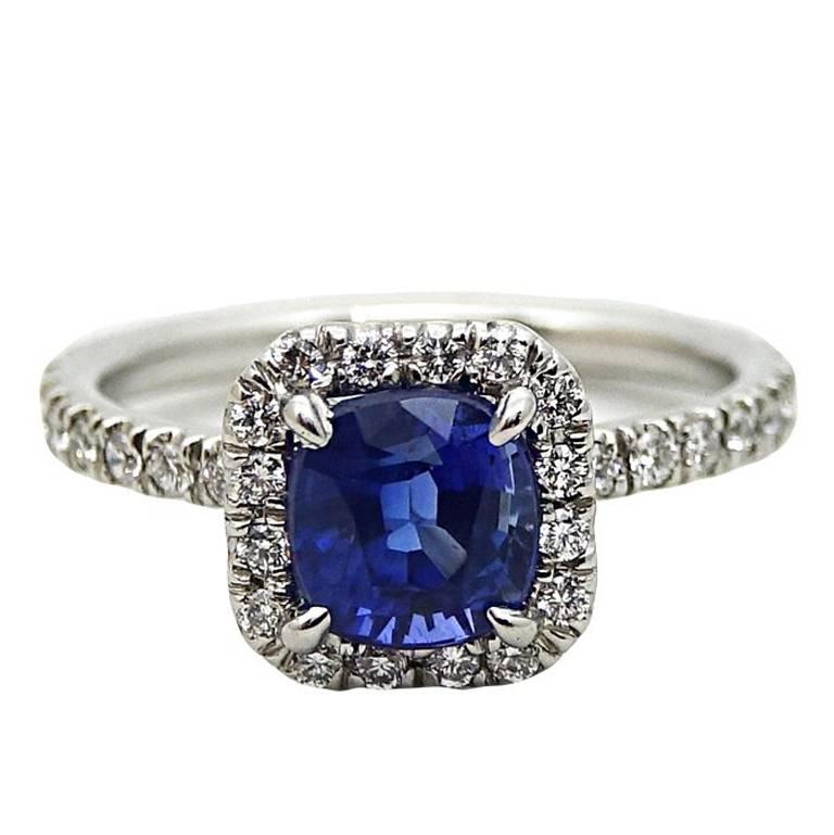 1.99 Carat Cushion Cut Sapphire and Diamond Platinum Engagement Ring For Sale