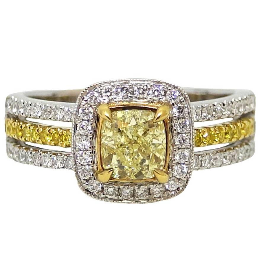 1.01 Carat Cushion Cut Yellow Diamond Engagement Ring For Sale