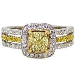 1.01 Carat Cushion Cut Yellow Diamond White and Yellow Gold Ring 7