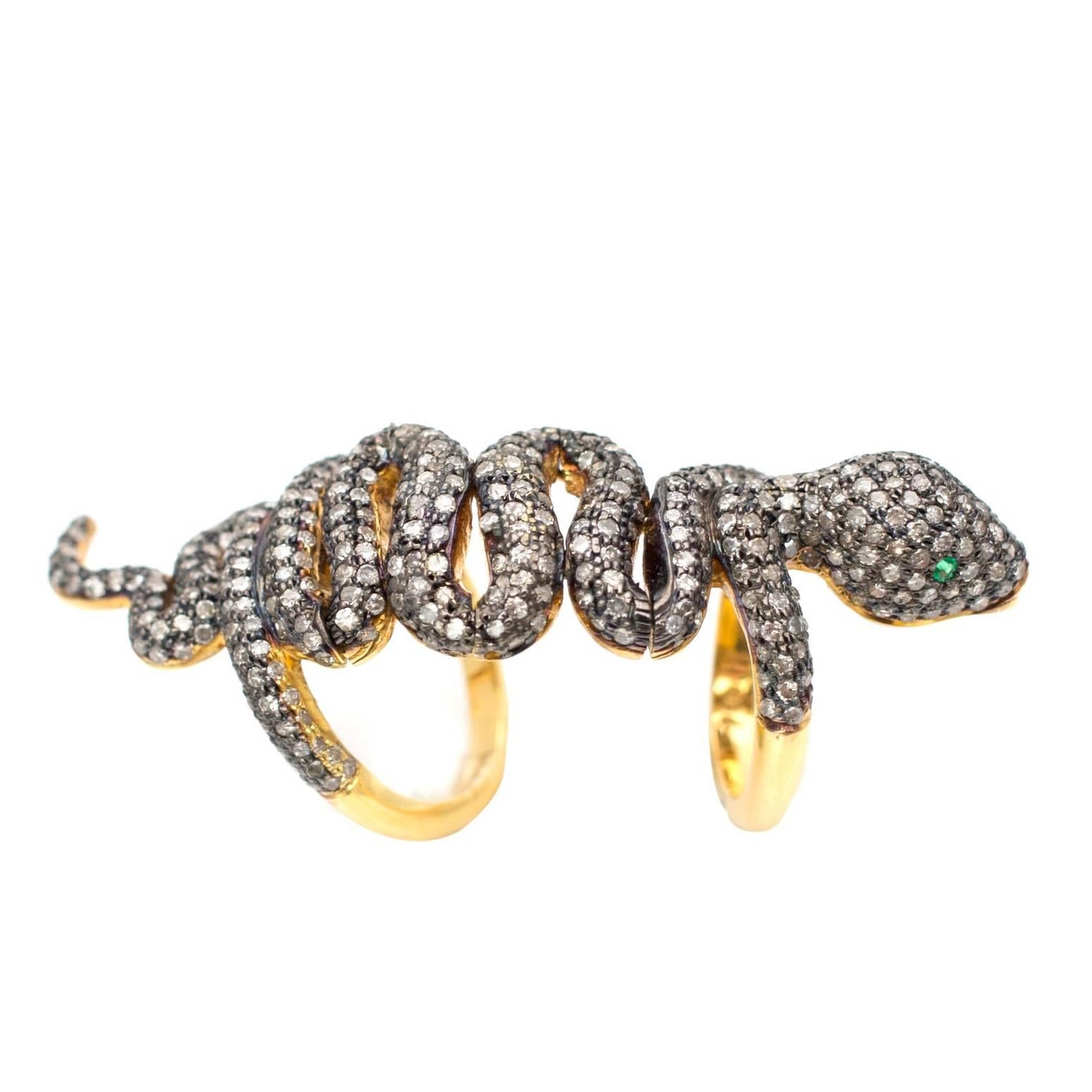 Snake Champagne Diamond and Gilt Silver Full Finger Ring For Sale
