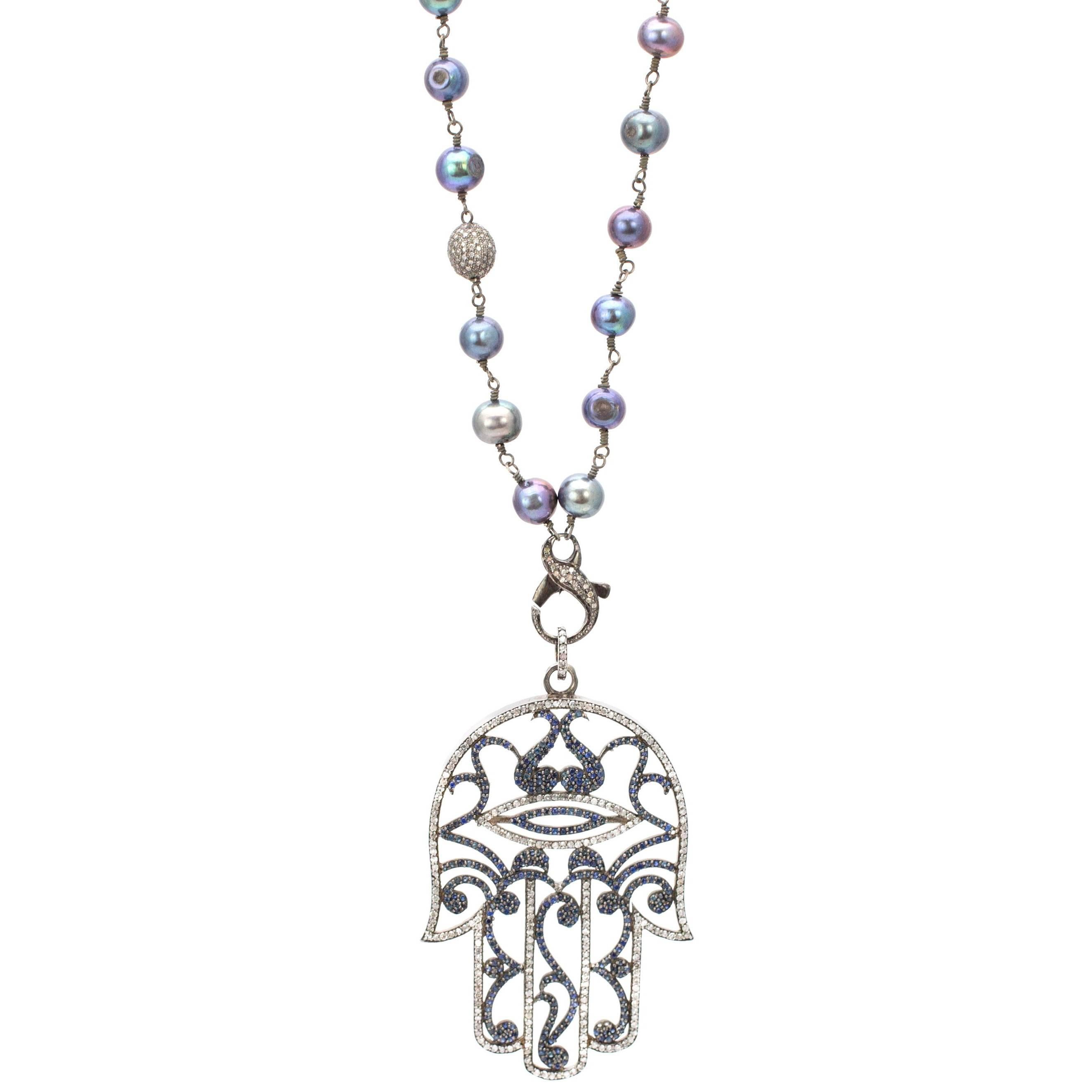 Hamsa Diamond Sapphire and Freshwater Pearl Sterling Silver Pendant Necklace For Sale