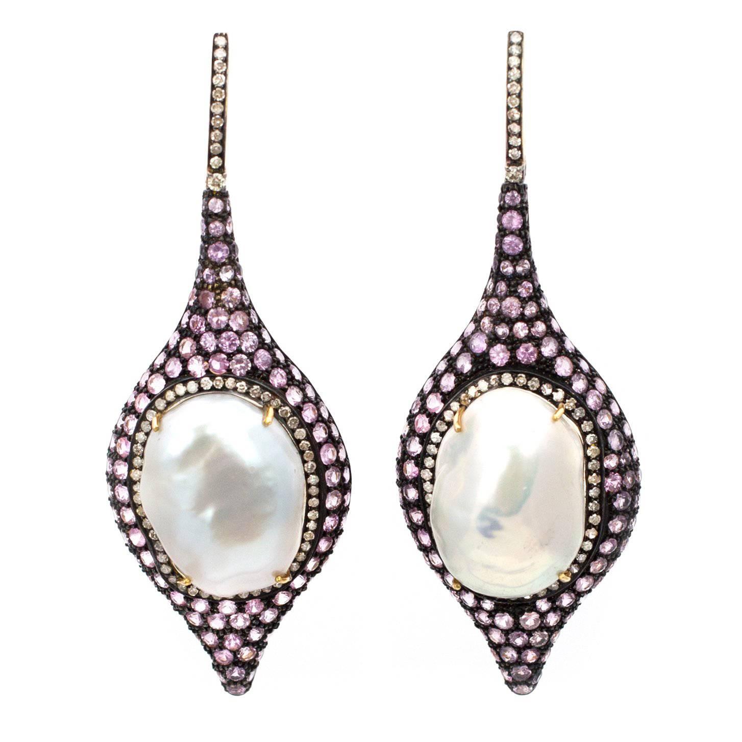 Diamond Pink Sapphire and Tahitian Pearl Silver Drop Earrings For Sale