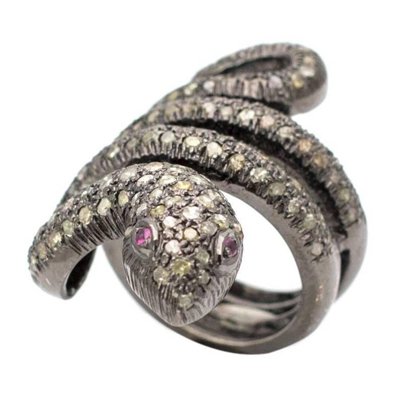 Coiled Snake Champagne Diamond and Ruby Sterling Silver Ring For Sale