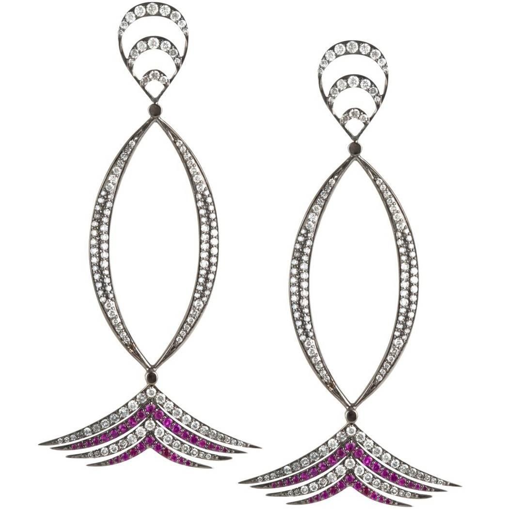 Deborah Pagani Imperial Ruby and Gray Diamond White Gold Drop Earrings For Sale