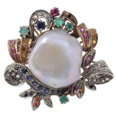 Sapphire Pearl Diamond gold and silver Ring