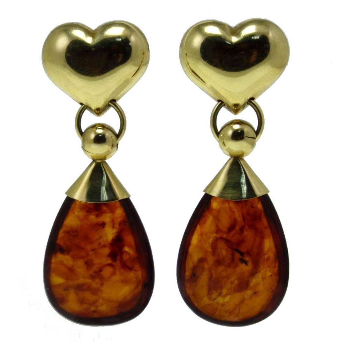 6.20 g Amber Drops 18K Yellow Gold Heart Shape Drop Earrings