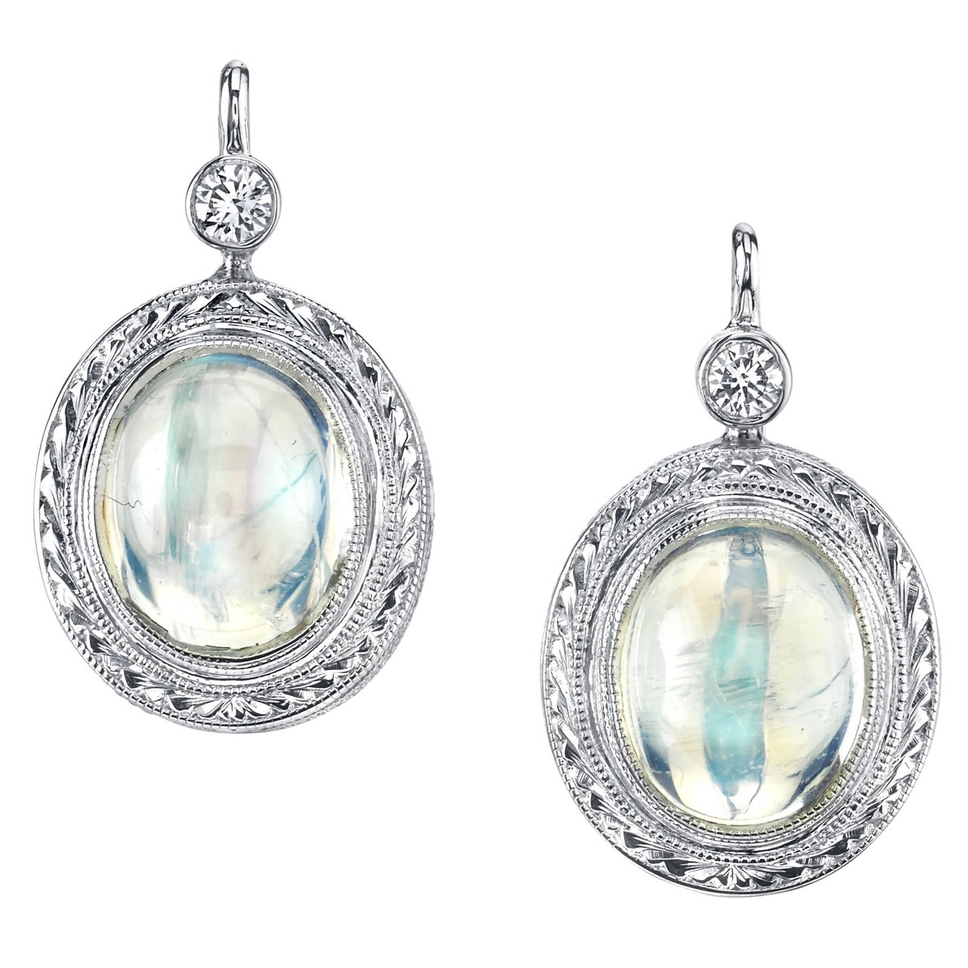 Blue Flash Moonstone and Diamond Drop Earrings in Hand Engraved White Gold For Sale