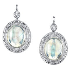 Blue Flash Moonstone and Diamond Drop Earrings in Hand Engraved White Gold 