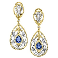 Blue Sapphire and Diamond Dangle Earrings, Handmade, 18K Gold Filigree