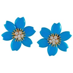 Van Cleef & Arpels Diamond and Turquoise Rose De Noel Ear Clips 8
