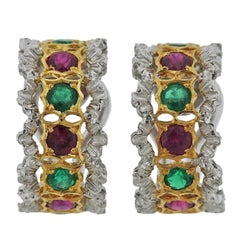 Buccellati Gold Ruby Emerald Hoop Earrings