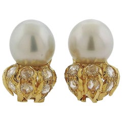 Buccellati Gold South Sea Pearl Rose Cut Diamond Earrings