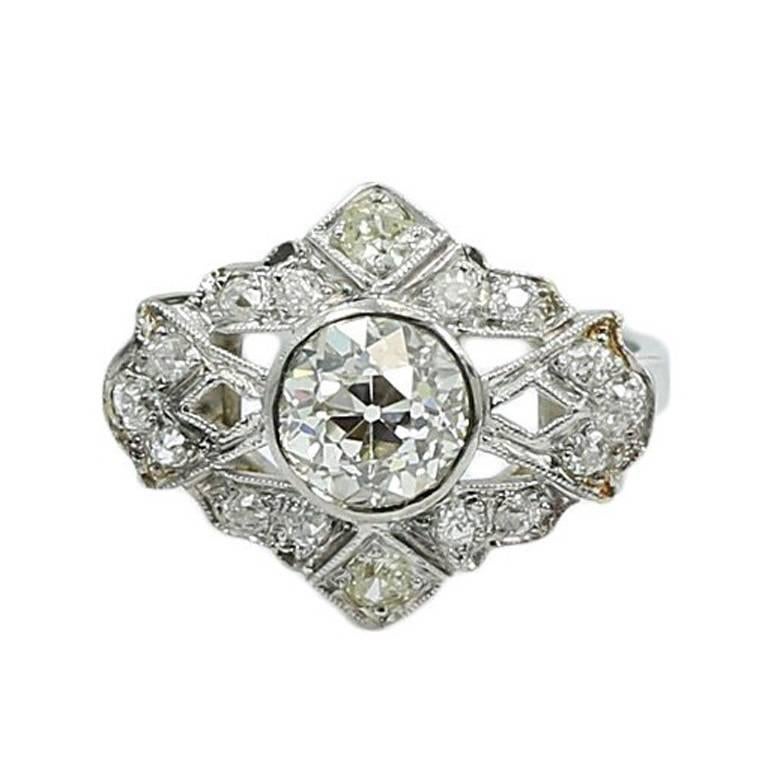 Art Deco Platinum Diamond Engagement Ring For Sale