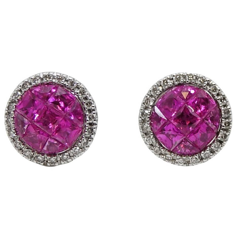 French Cut Pink Sapphire and Diamond White Gold Earrings For Sale