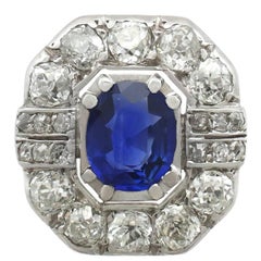 1930s French 2.20 Carat Sapphire and 2.16 Carat Diamond White Gold Cluster Ring 9