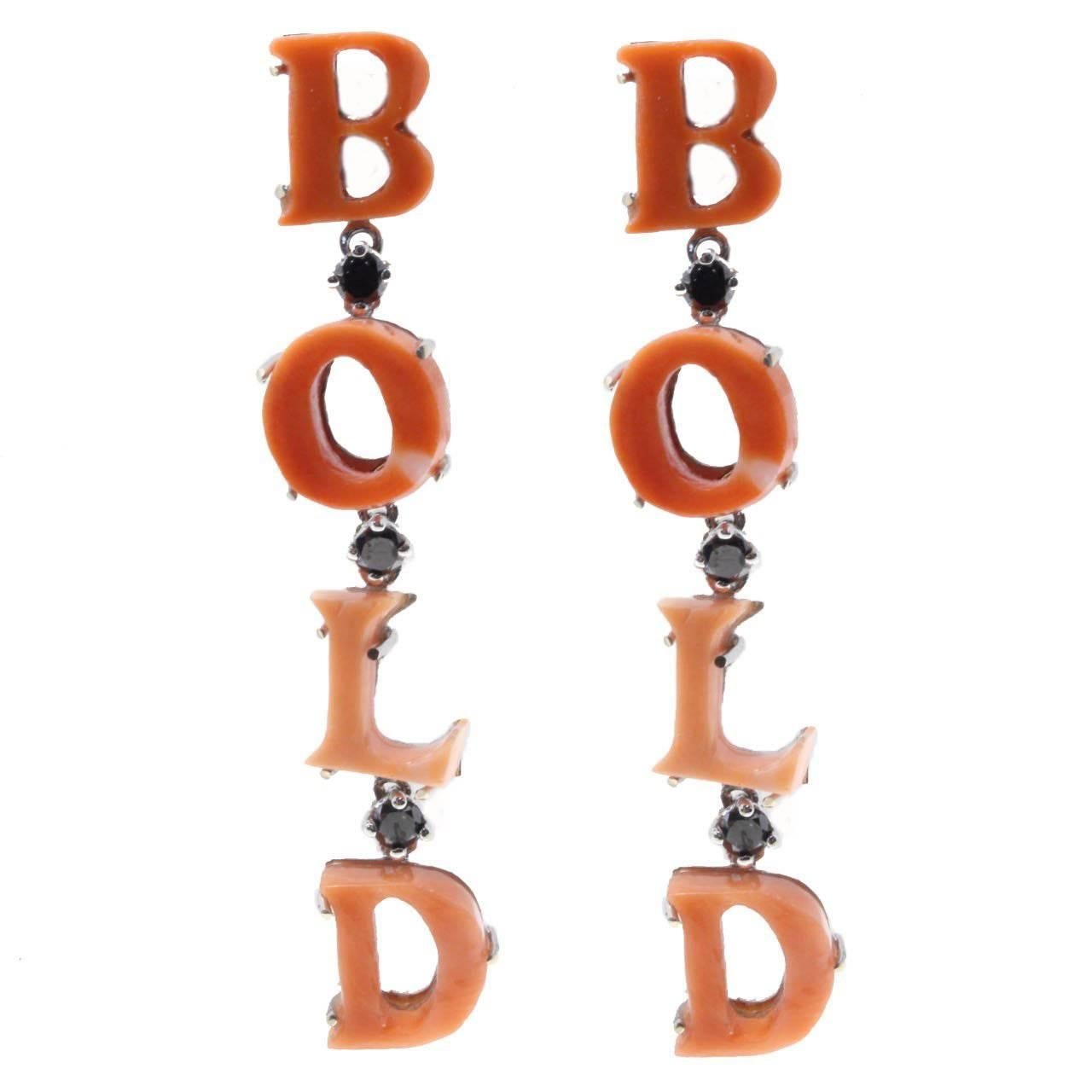  Black Diamonds, Red Coral Alphabet Letters, 14K White Gold Dangle Earrings