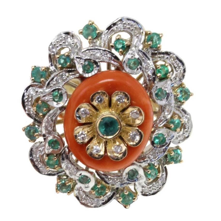  Gold Diamond Emerald Coral Cocktail Ring For Sale