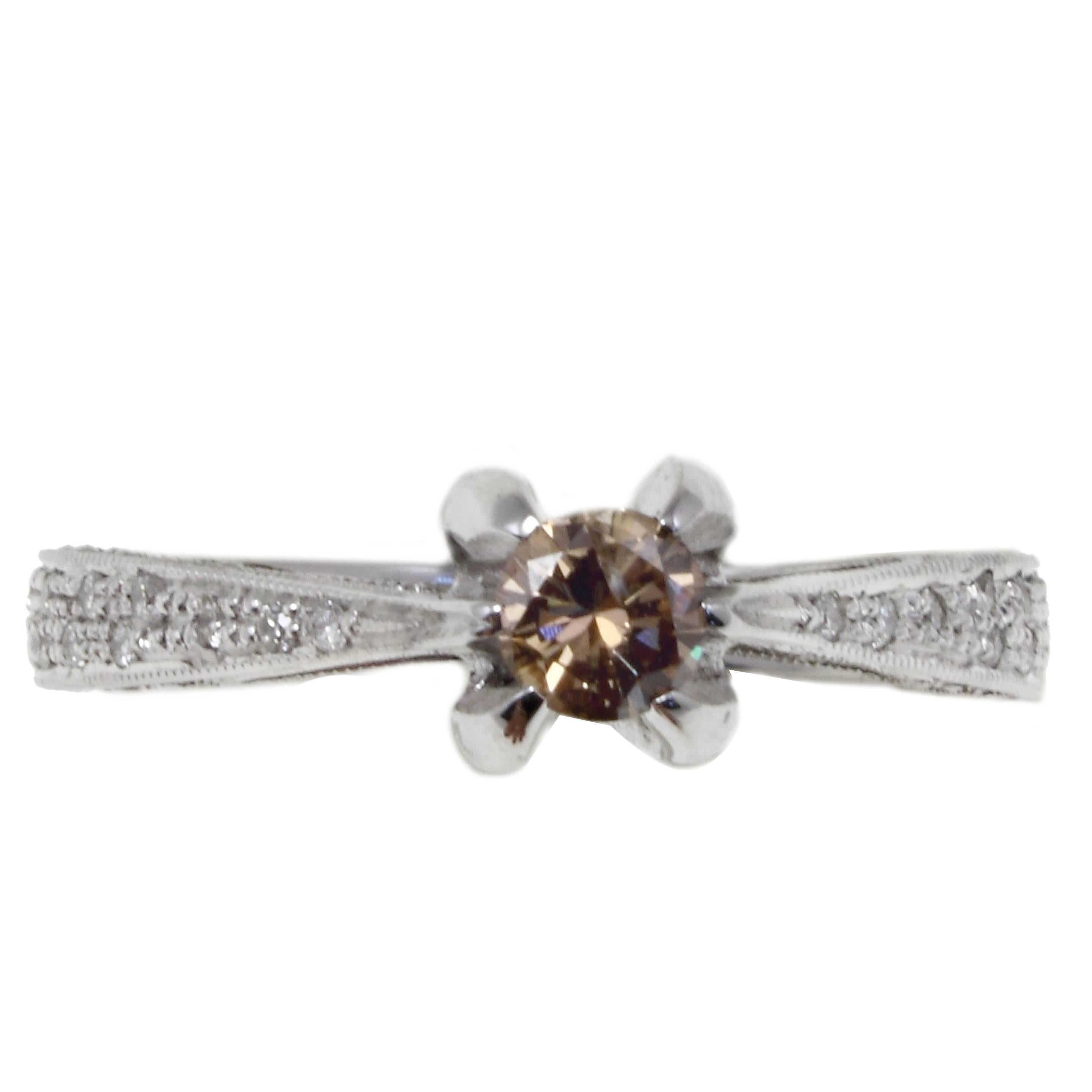 0.25 ct White Diamonds, 0.23 ct Brown Fancy Diamond, 18 kt White Gold Ring For Sale