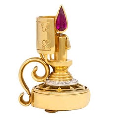 Vintage Gold Candlestick Brooch with Gemstone Accents and Hidden Watch, Bucherer