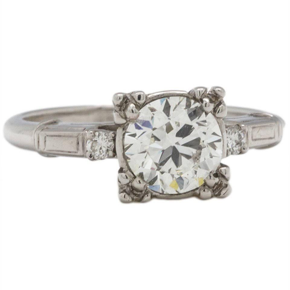 Vintage Diamond Engagement Ring Platinum 1.17 Carat Trans Cut I-VS2 circa 1950s For Sale