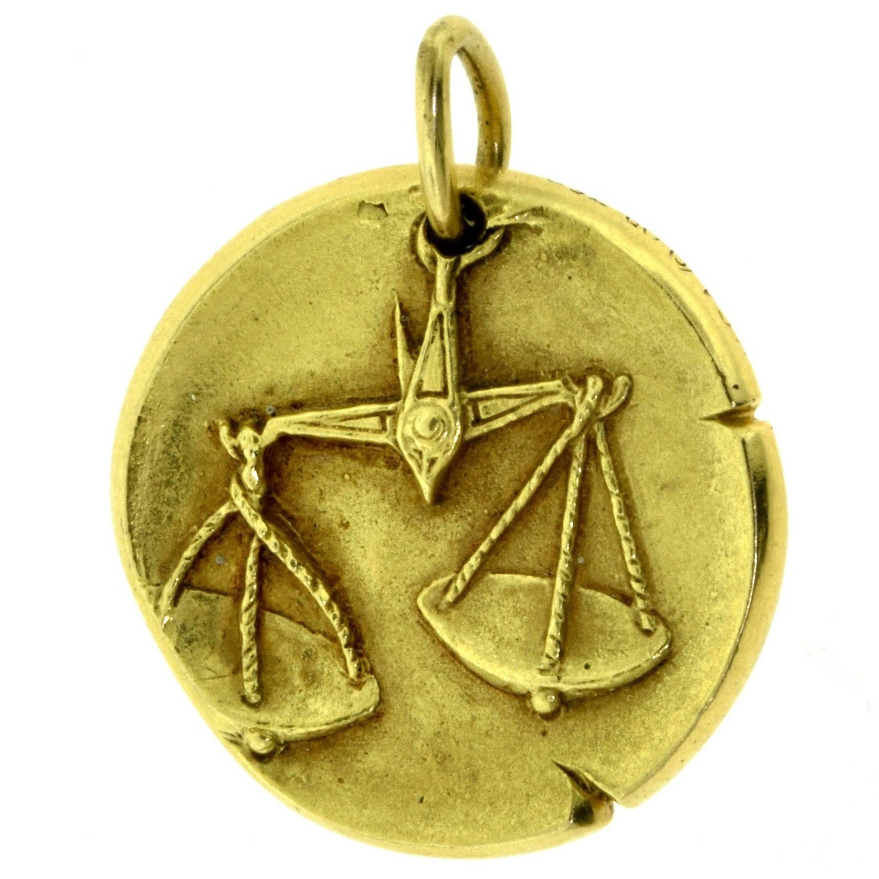 Van Cleef & Arpels Yellow Gold Libra Zodiac Single Coin Pendant For Sale