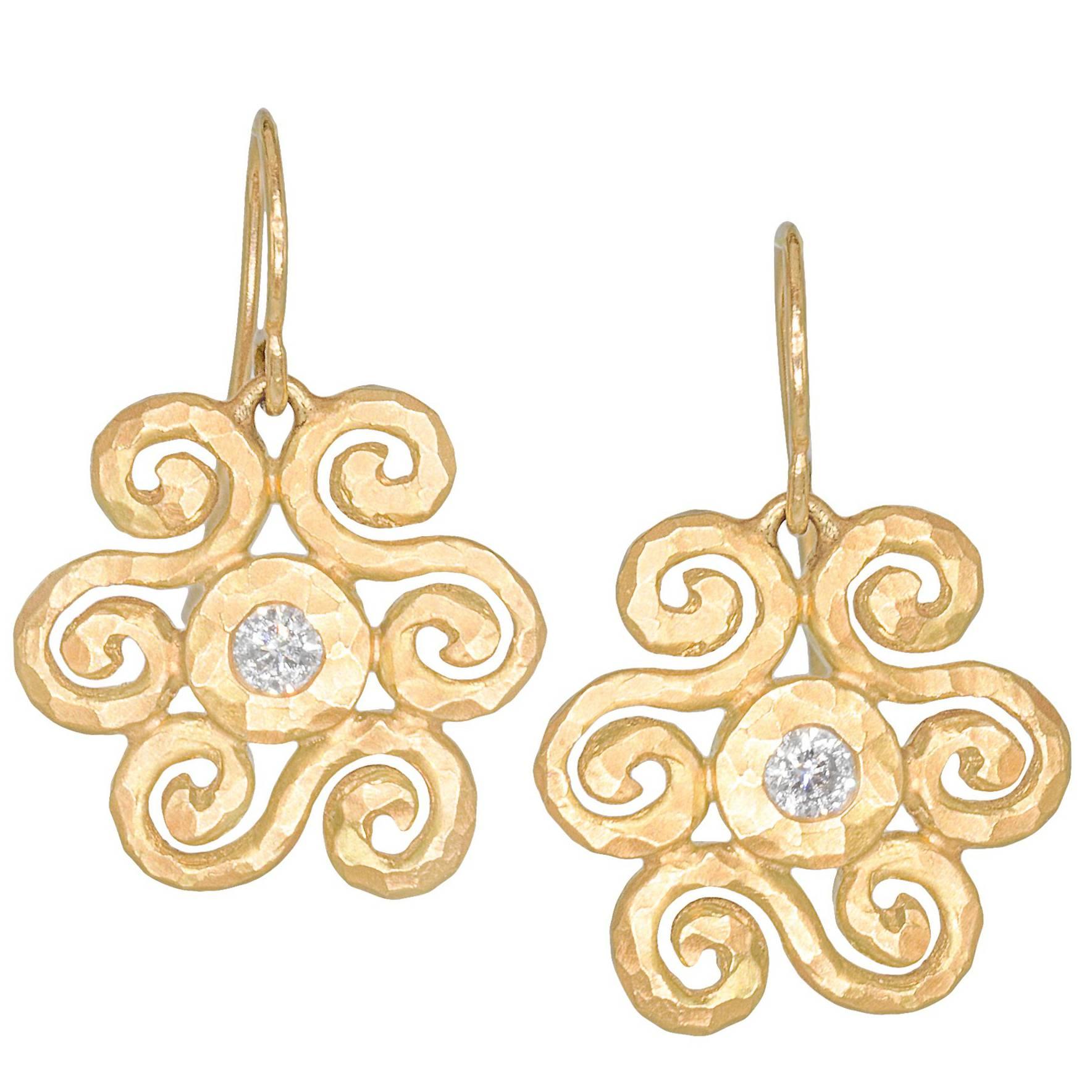 Pamela Froman White Diamond Gold Handmade Scroll Crush Dangle Earrings