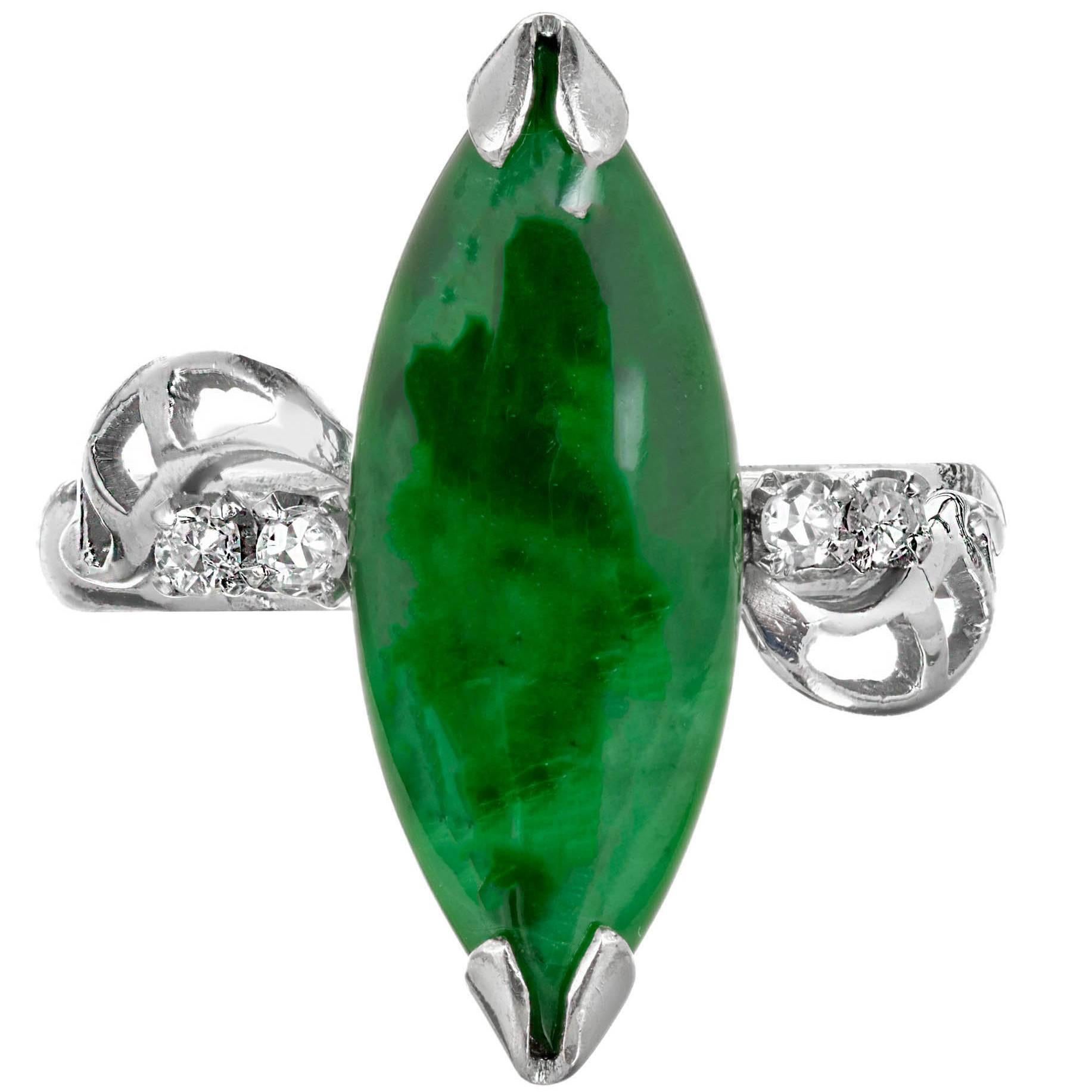 GIA Certified Marquise Natural Jadeite Jade Diamond Gold Cocktail Ring For Sale