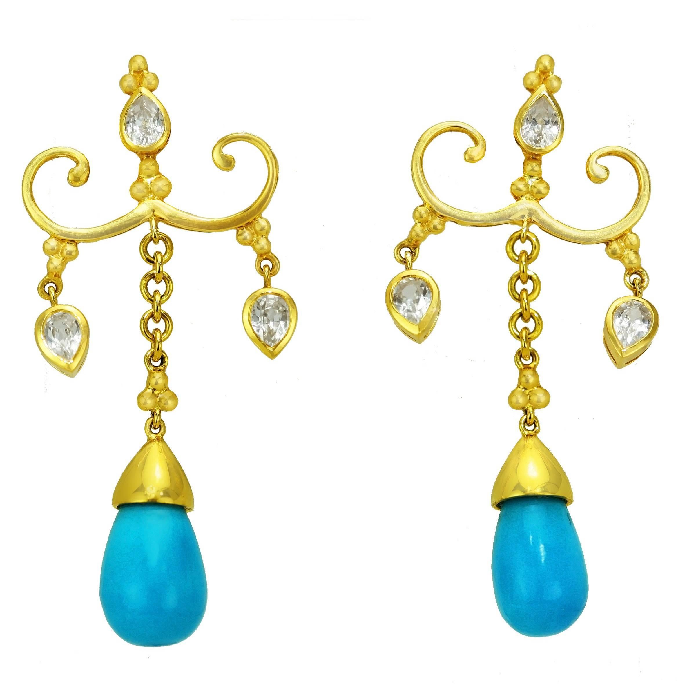 Crevoshay Elegant Handcrafted Turquoise and White Zircon Earrings For Sale