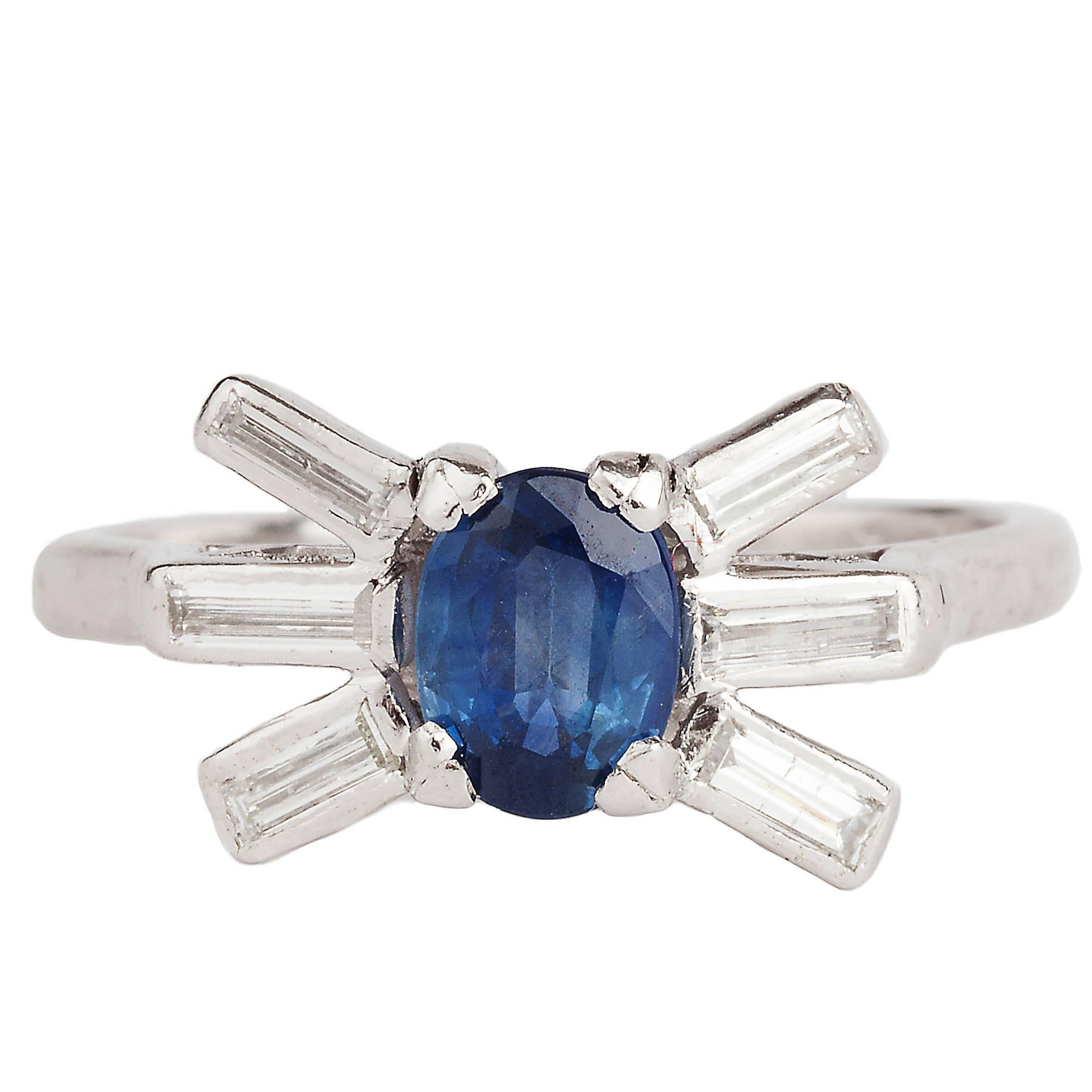 Platinum Art Deco Natural Cornflower Blue Sapphire and Diamond Ring  For Sale