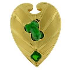 Crevoshay Lily Pad and Frog Jade Chrome Diopside Yellow Gold Brooch