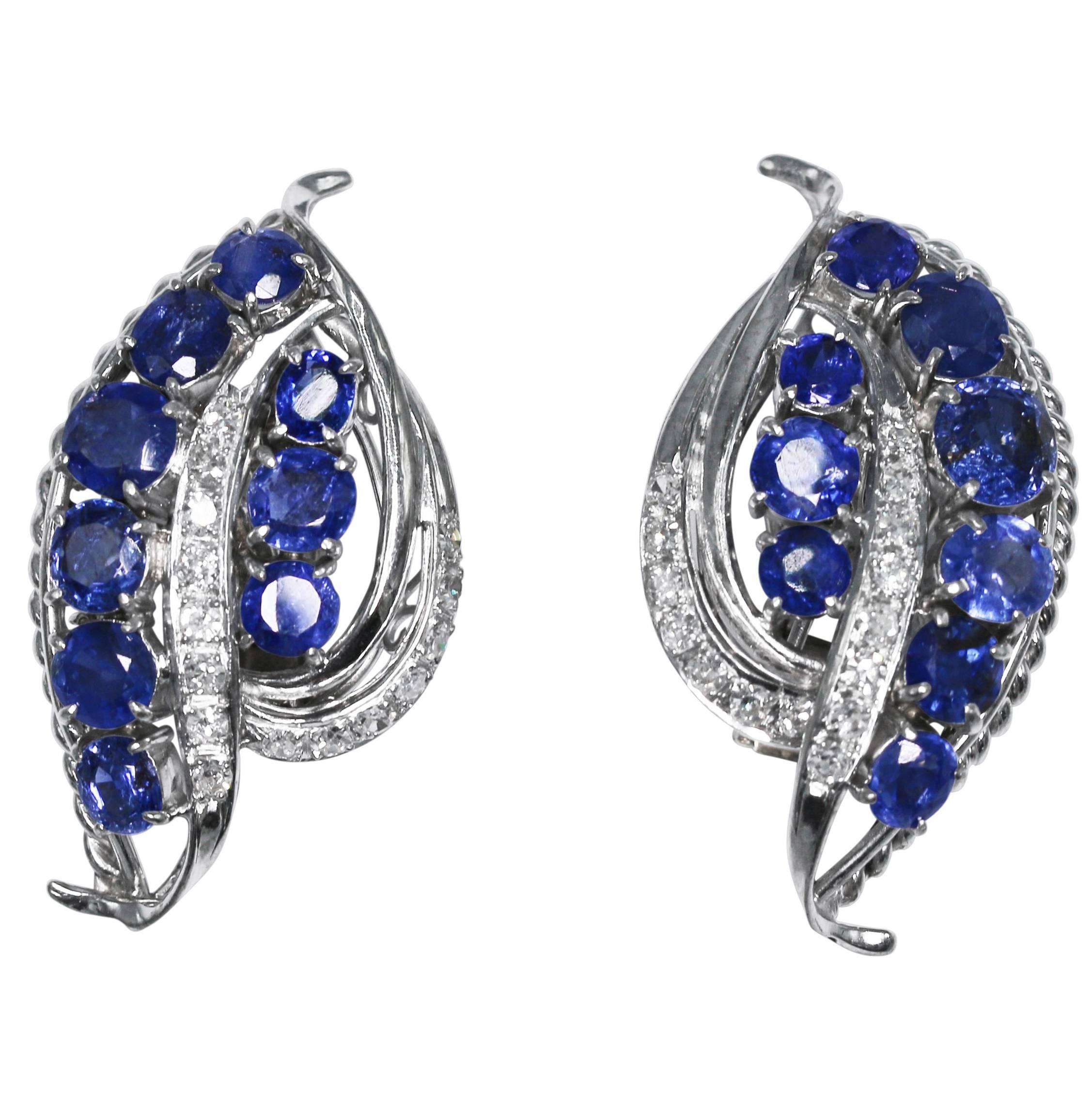 1950s Sapphire and Diamond Foliate Earclips