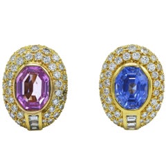 Unheated Blue and Pink Sapphire and Diamond Earclips 3