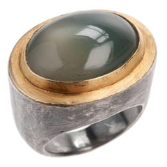 Lika Behar Green Moonstone Ring in Oxidized Silver and Yellow Gold