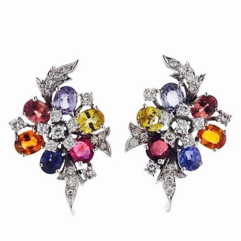 1950s Diamond Gemstone Cluster Pierced Earrings