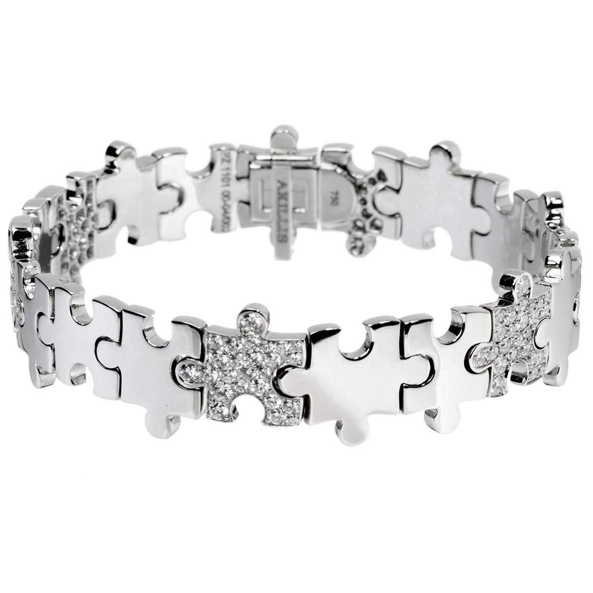 Akillis Puzzle Bracelet 18 Karat White Gold Half-Set White Diamonds For Sale