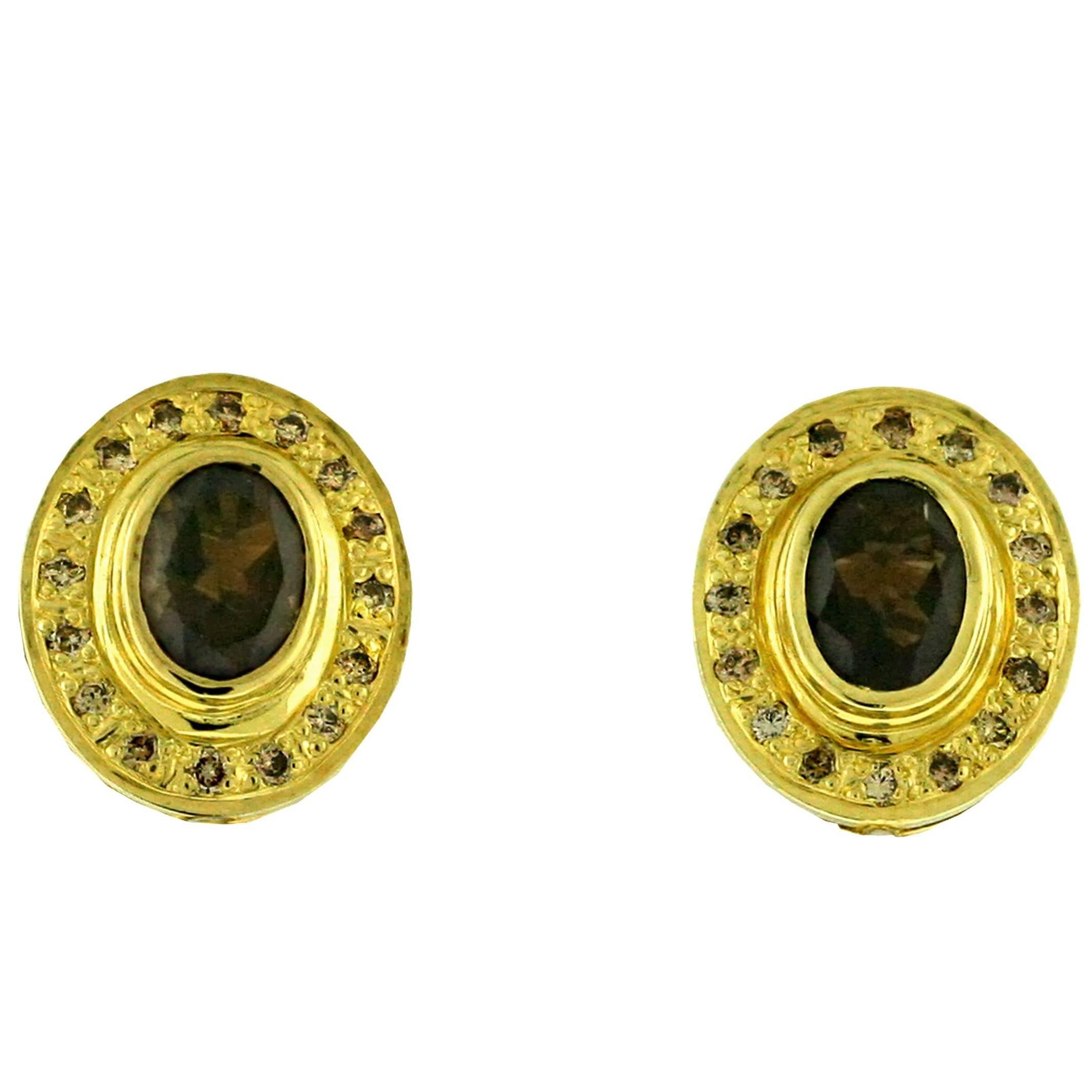 Creovshay Smoky Topaz and Brown Diamond 18 Karat Yellow Gold Earrings For Sale