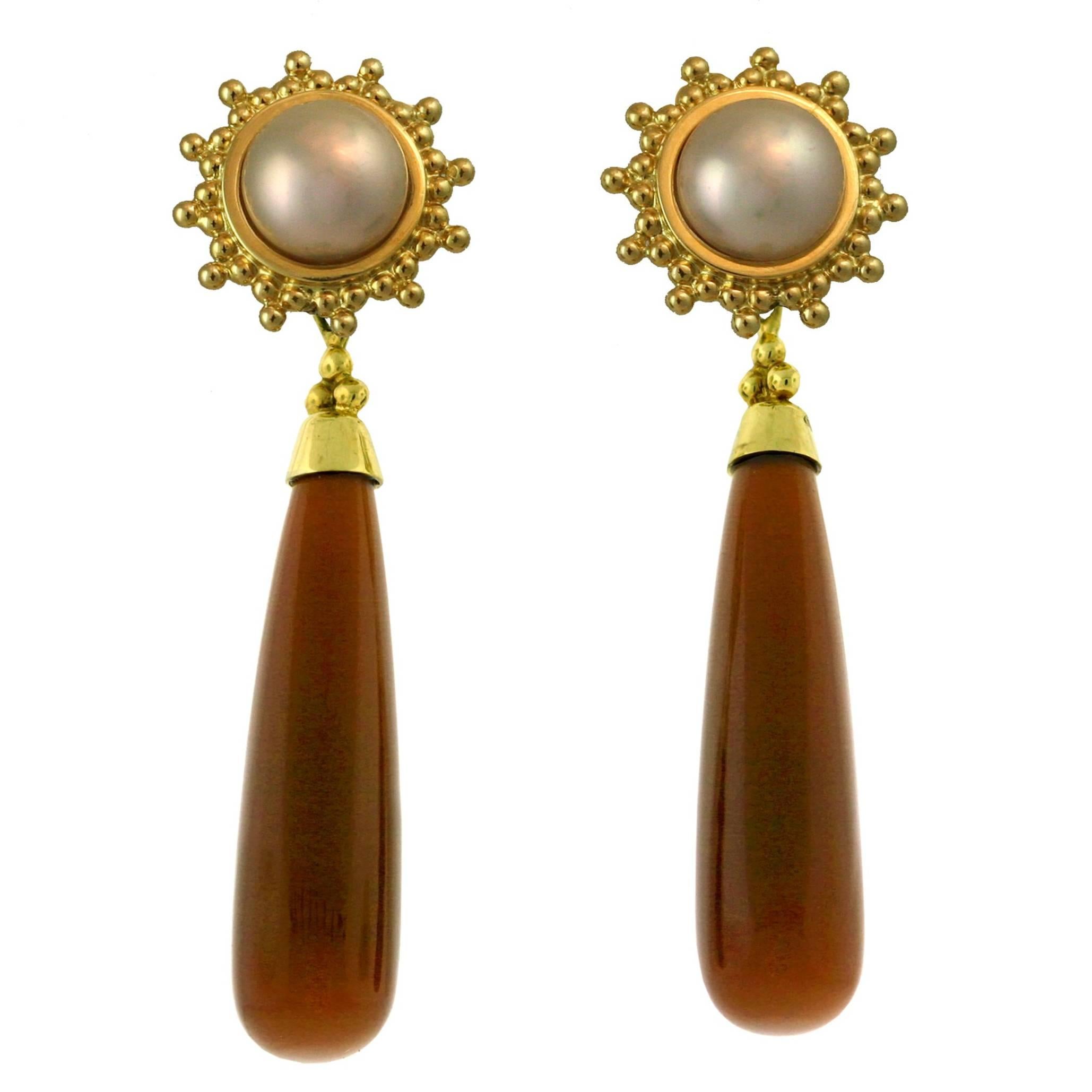 Crevoshay Pearl and Brown Moonstone Earrings For Sale